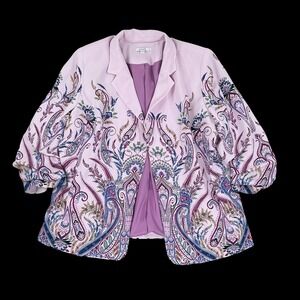 Chicos Blazer Women 4/US 20 Purple Paisley 3/4 Sleeve Pockets Open Front